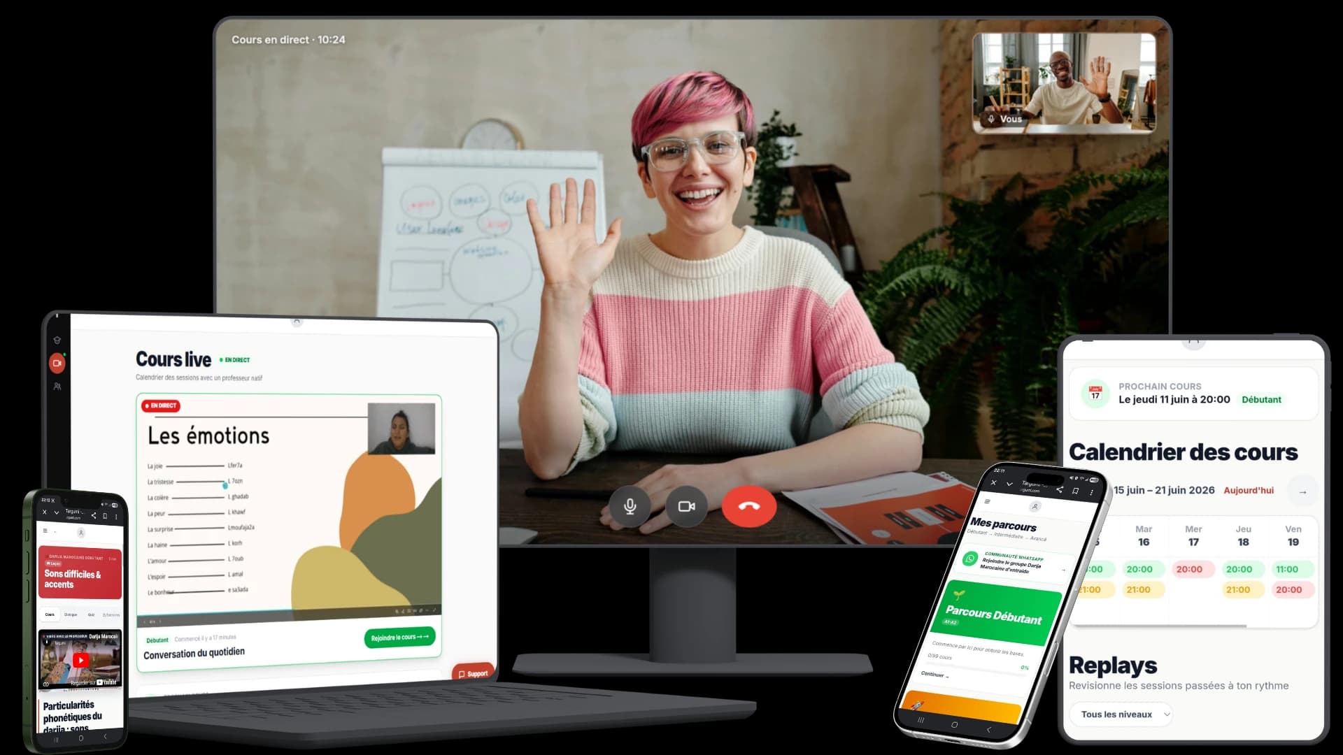 La plateforme Targumi sur ordinateur, tablette et mobile : cours live, leçons, audios, exercices et calendrier de cours
